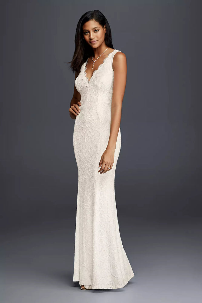 Allover Lace V-Neck Sheath Wedding Dress - Ivory