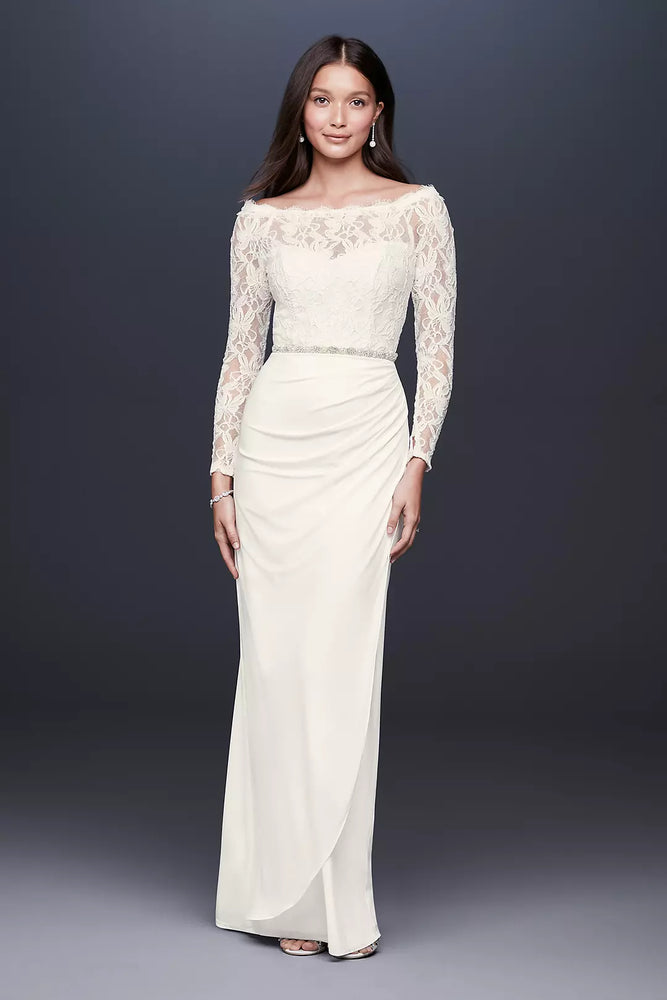 Off-the-Shoulder Long Sleeve Lace Draped Gown - Ivory