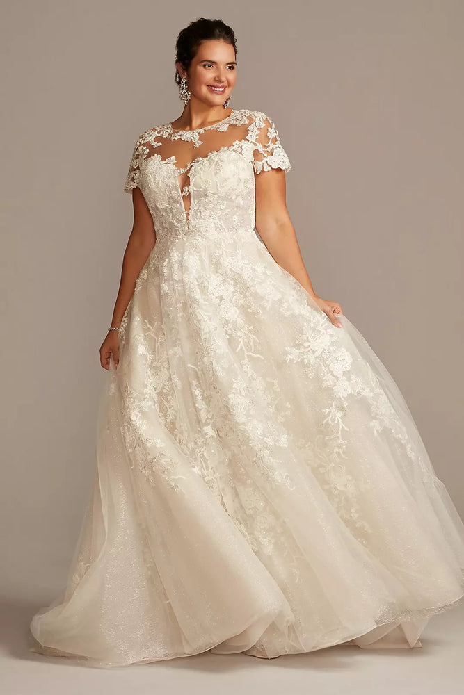 Cap Sleeve Lace Illusion Plus Size Wedding Dress - Ivory