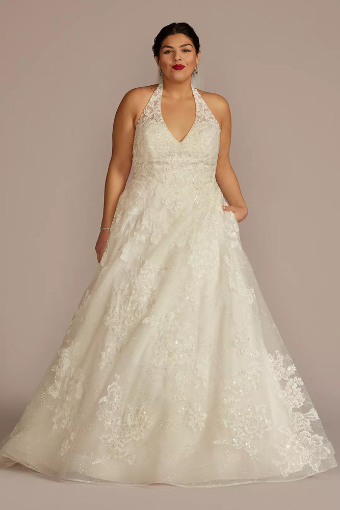 V-Neck Halter Beaded Lace Ball Gown Wedding Dress - Ivory