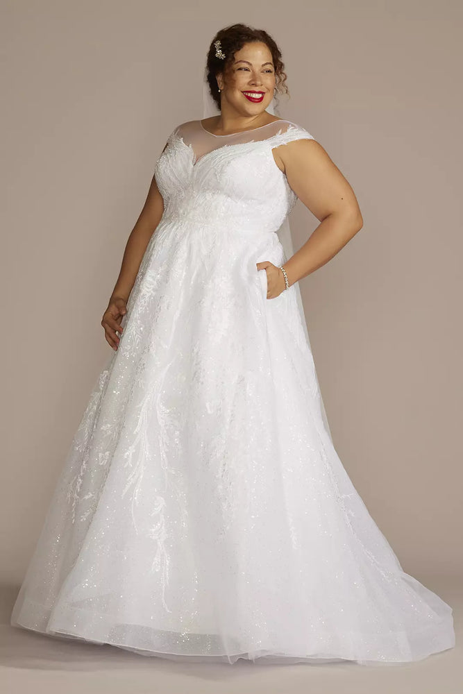 Cap Sleeve V-Back Beaded Ball Gown Wedding Dress - White