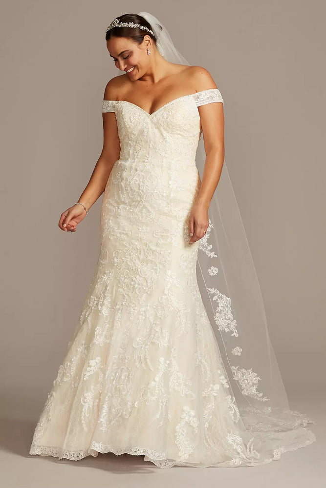 Beaded Lace Long Sleeve Off Shoulder Wedding Dress - Ivory