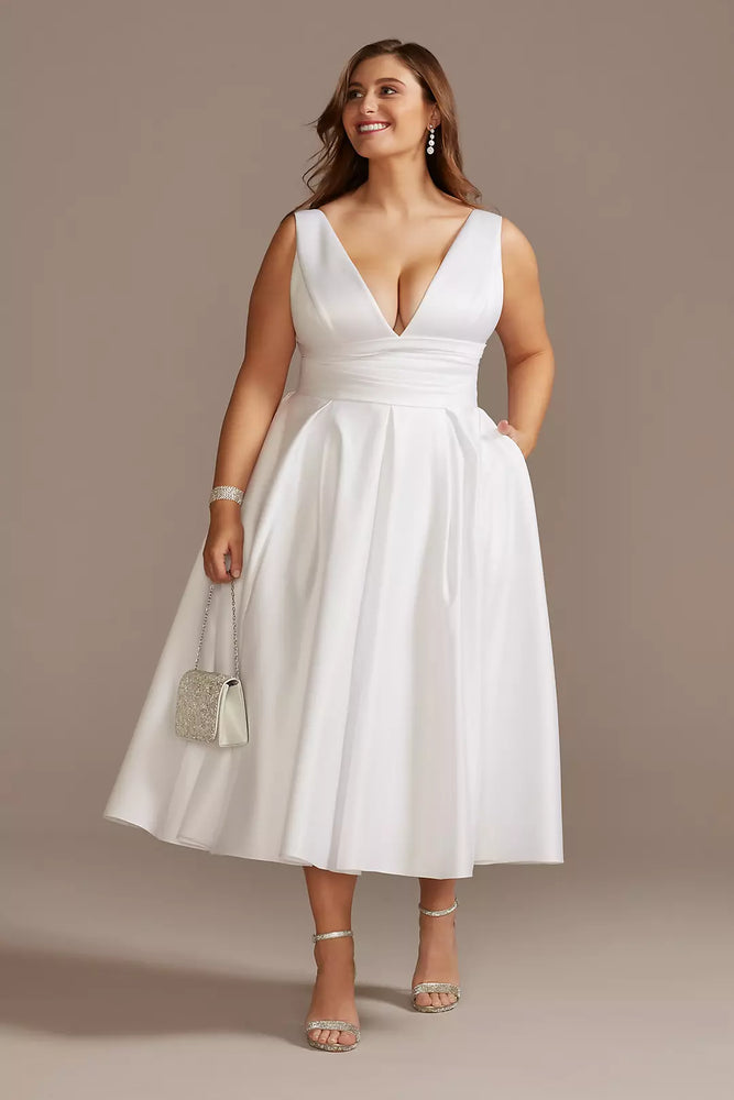 Satin V-Neck Tea Length Plus Size A-Line Dress - White