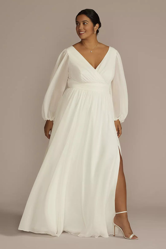 Long Billow Sleeve Chiffon A-Line Wedding Dress - Ivory