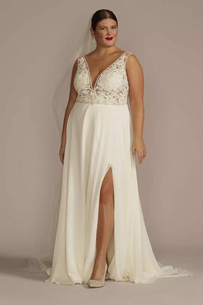 Applique Illusion Chiffon Plus Size Wedding Dress - Ivory