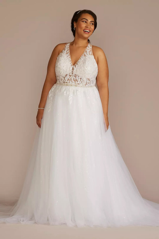 Illusion Halter Beaded Lace A-Line Wedding Dress - White