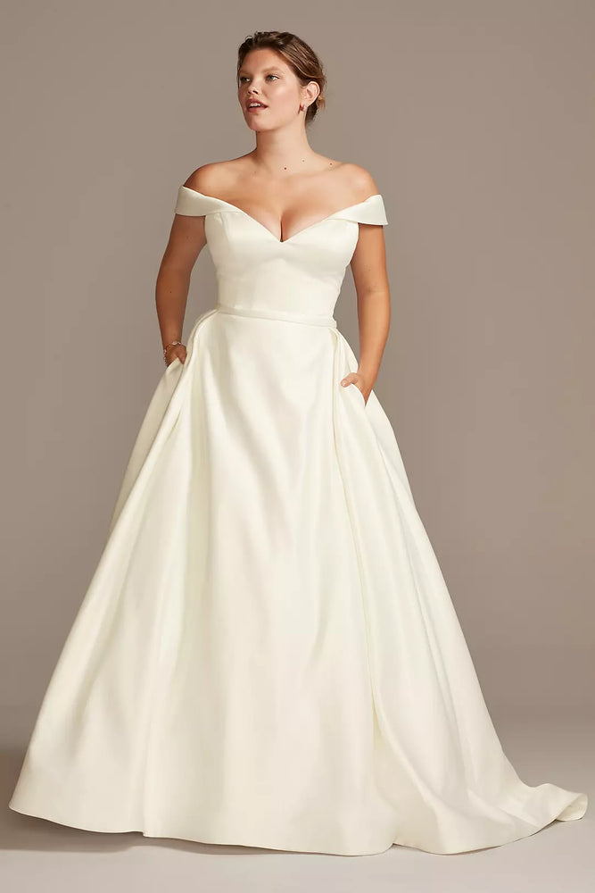 Off Shoulder Satin Gown Plus Size Wedding Dress - Ivory