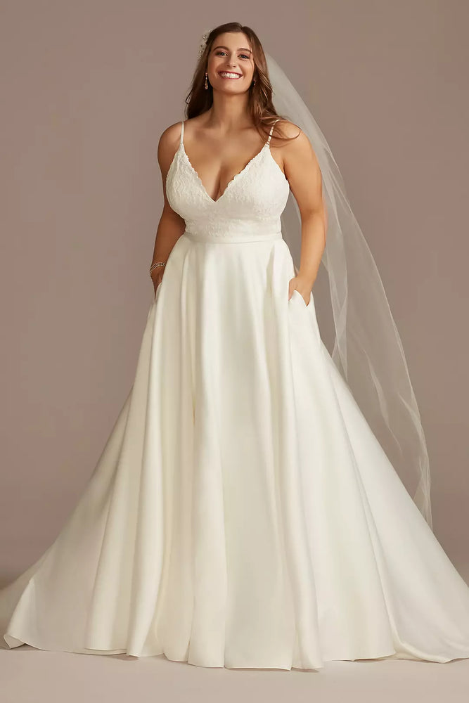 Scalloped Lace Satin Plus Size Wedding Dress - Ivory