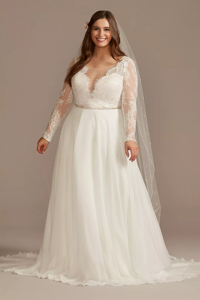 Long Sleeve Plunge Lace Chiffon Wedding Dress - Ivory,White