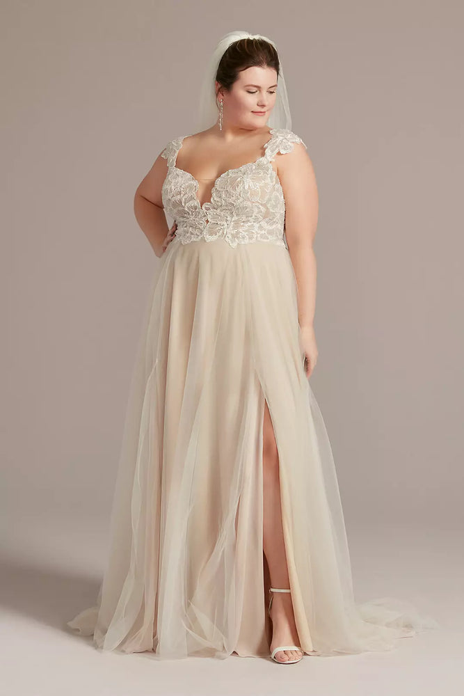 Floral Applique Cap Sleeve Wedding Gown - Beige,Ivory,Pink