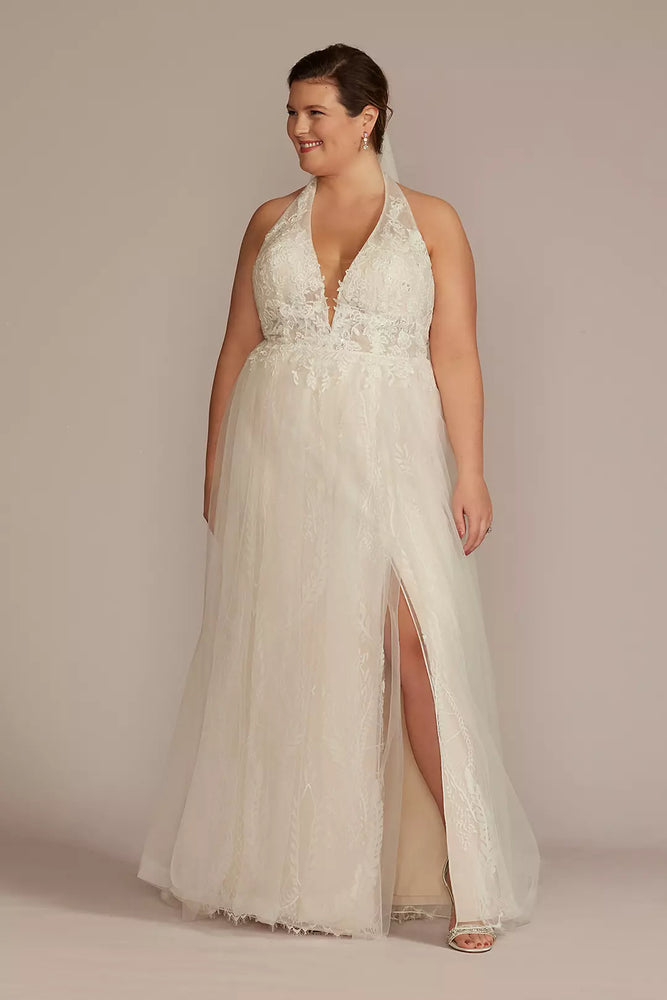 Lace Applique Halter A-Line Plus Wedding Dress - Ivory