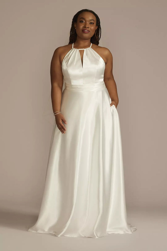 High Neck Satin A-Line Wedding Dress - Ivory