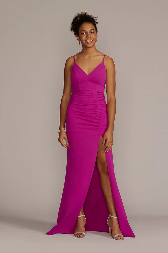 Crepe Spaghetti Strap Gown with Ruching - Pink