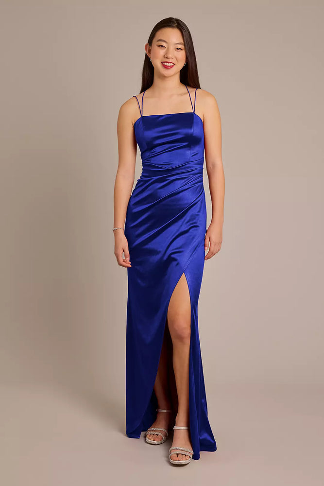 Double Strap Satin Square Neck Dress with Slit - Blue