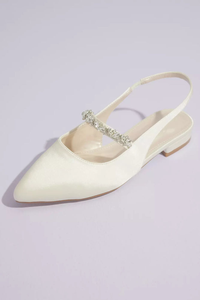 Satin Slingback Flats with Crystal Strap - Ivory