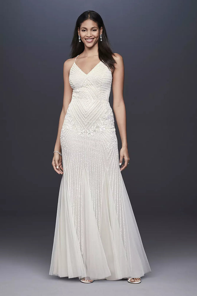 Beaded Sheath V-Neck Dress with Godets - Ivory