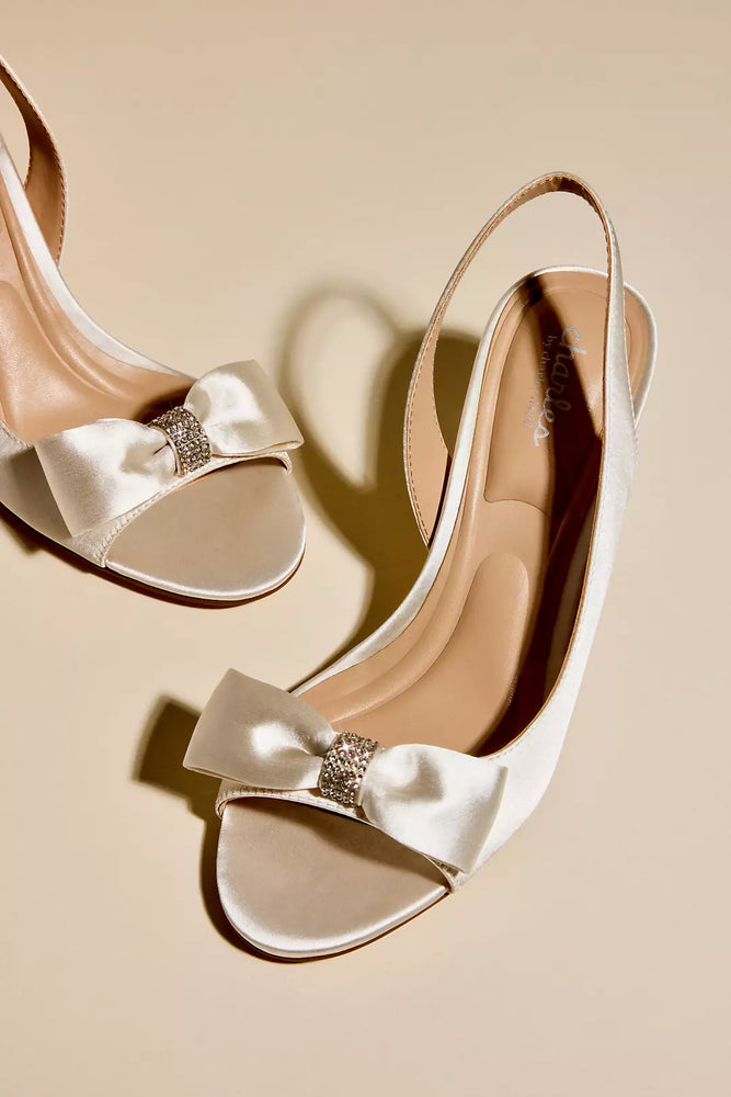 Satin and Rhinestone Bow DOrsay Kitten Heels - Ivory