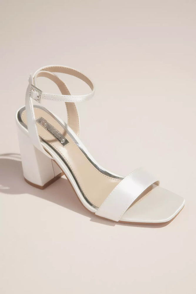 Rhinestone Buckle Satin Block Heel Sandals - Ivory