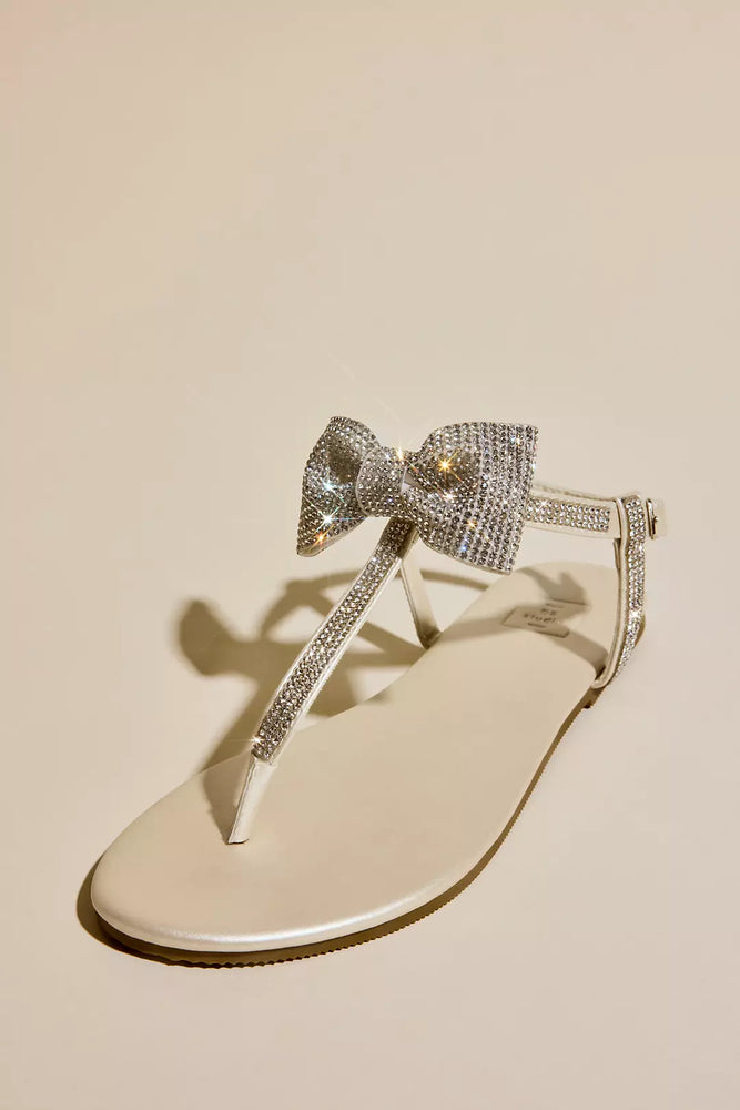 Rhinestone Bow Thong Sandals - Ivory