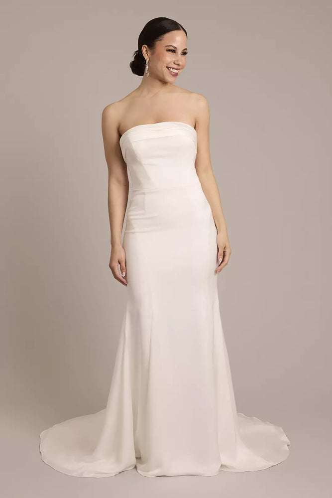 Satin Straight-Neck Sheath Wedding Dress - Ivory