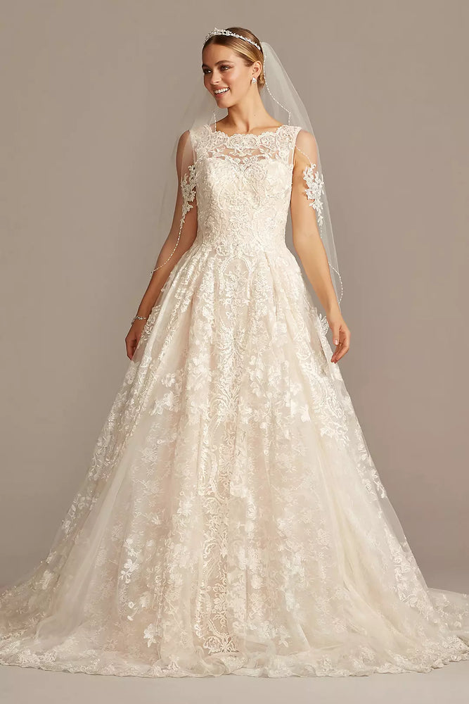 Beaded Lace Wedding Dress with Pleated Skirt - Beige,Ivory