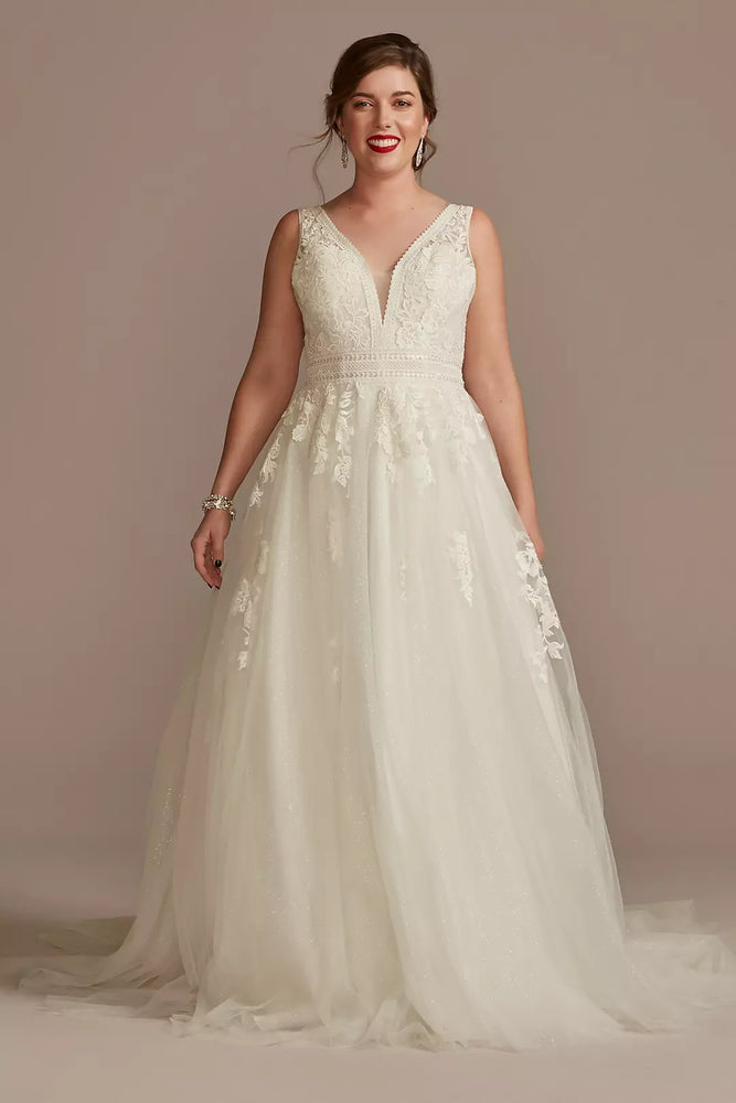 Embroidered V-Neck Wedding Dress with Tulle Skirt - Ivory