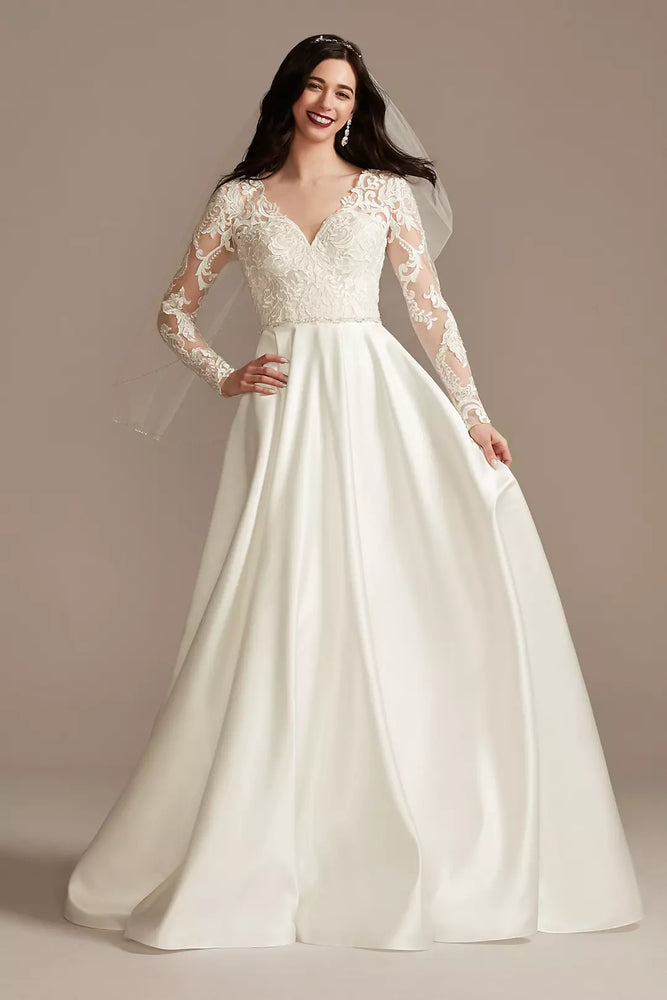 Long Sleeve Satin Applique Wedding Dress - Ivory