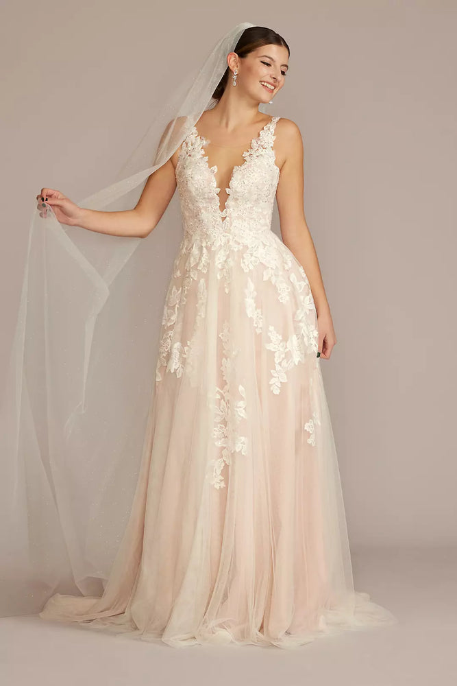 Illusion Plunge V-Neck Lace Wedding Gown - Beige,Ivory,Pink