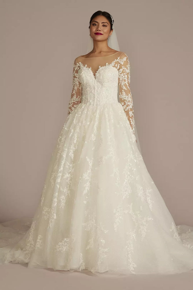 Lace Appliqued Illusion Long Sleeve Wedding Dress - Ivory