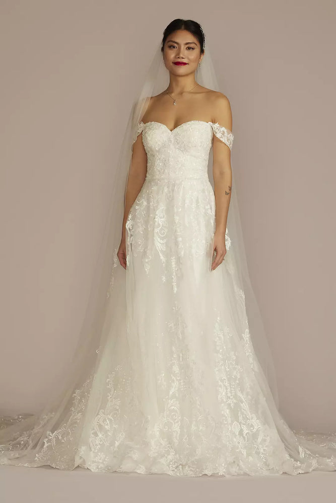 Lace Applique Wedding Dress with Removable Sleeves - Ivory