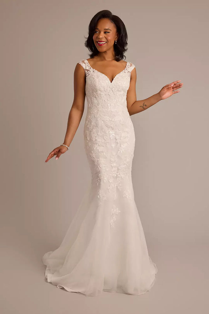 Tulle Illusion Cap Sleeve Mermaid Wedding Dress - Ivory