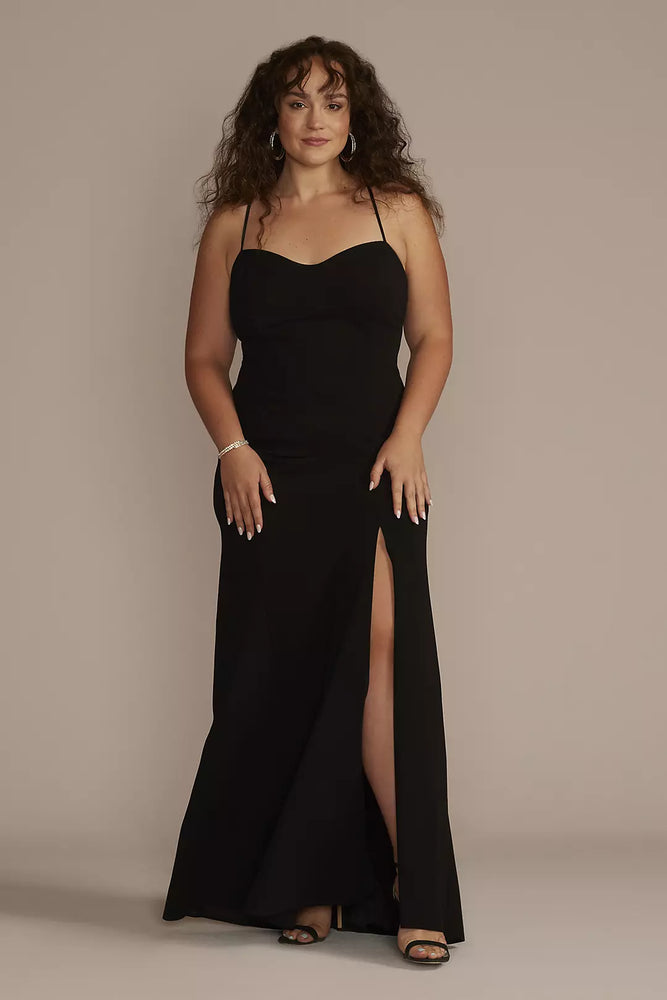 Plus Size Strappy Back Crepe Sheath with Slit - Black