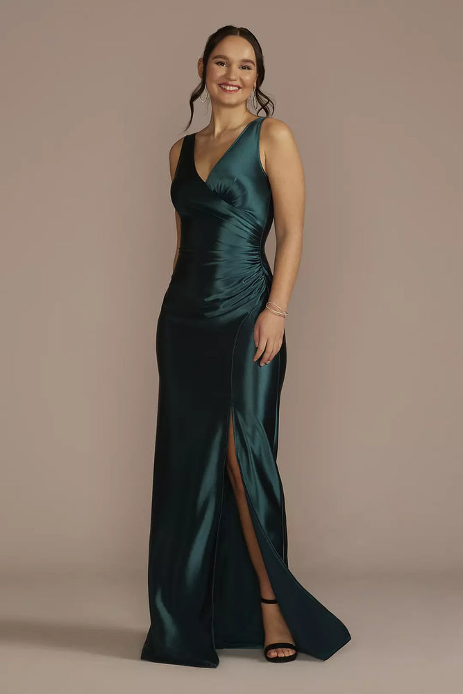 Sculpting Satin V-Neck Tank Sheath with Slit - Green