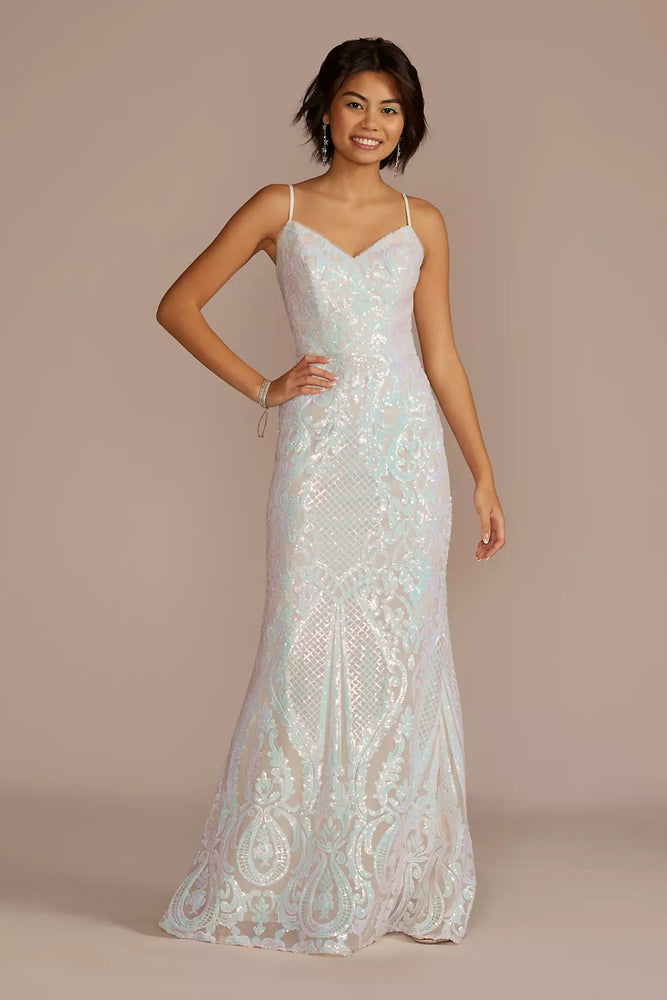 Long V-Neck Iridescent Sequin Patterned Sheath - White