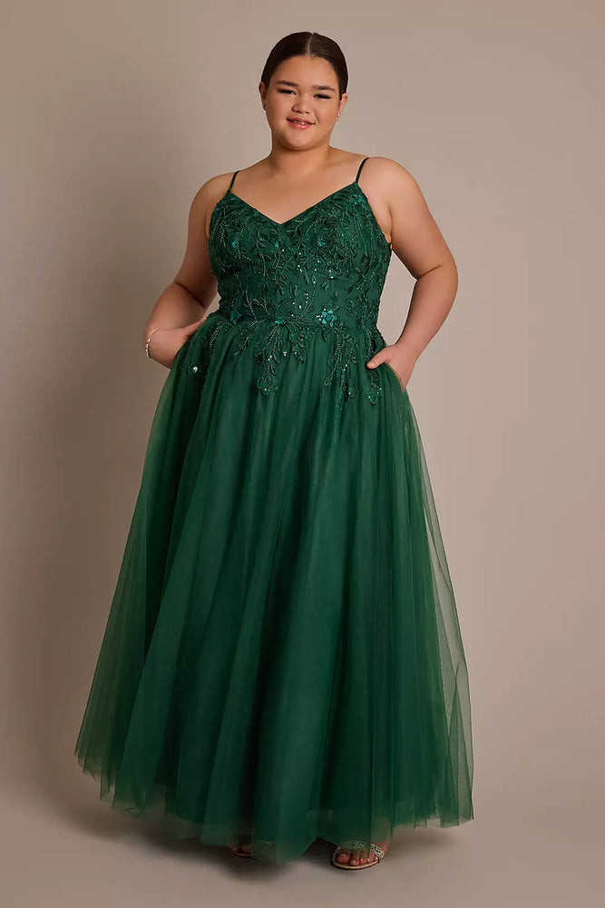 Beaded Floral Tulle Corset Back Ball Gown - Green