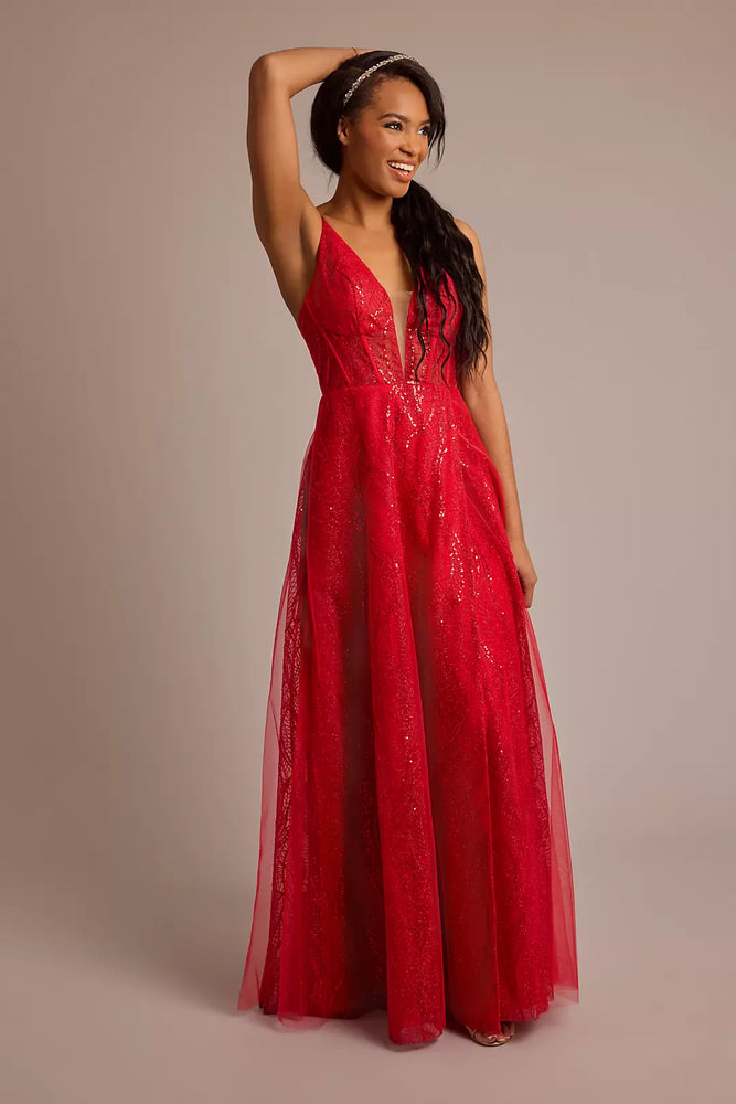 Patterned Sequin A-Line Dress with Plunge Neckline - Red