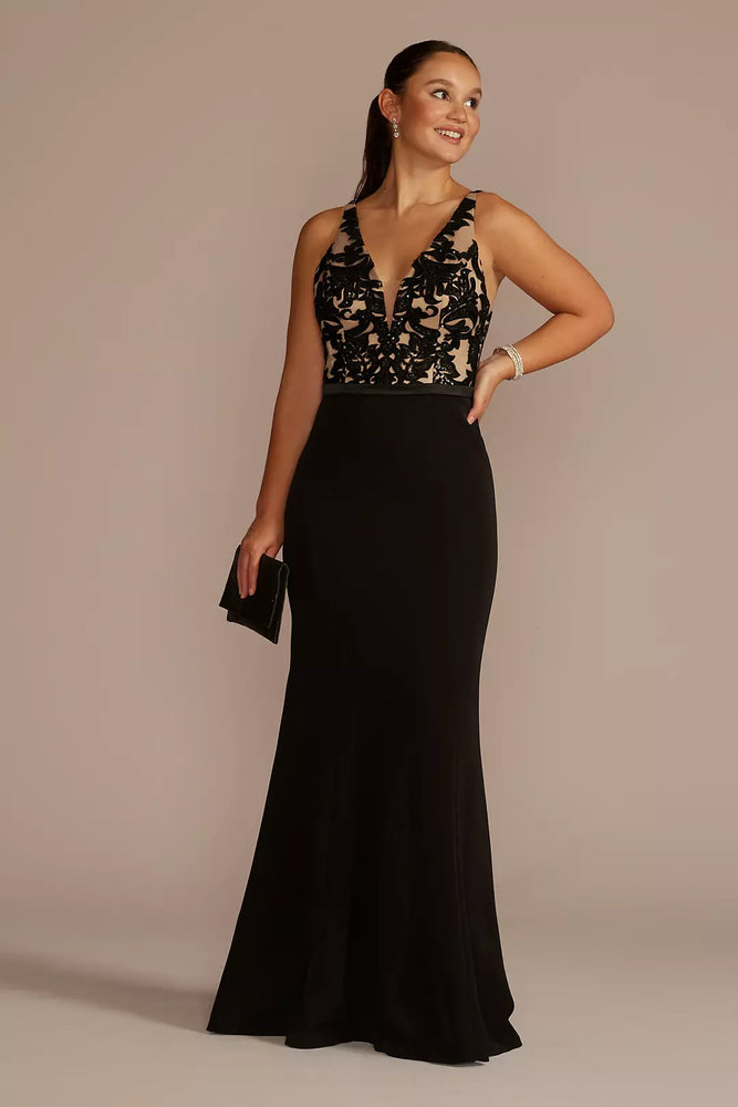 Embellished Crepe Plunge Mermaid Dress - Black