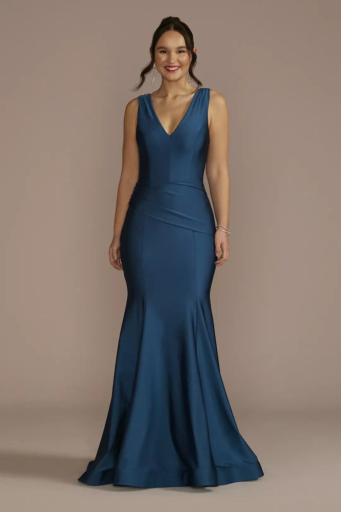 Draped Stretch Satin Plunging Mermaid Dress - Blue