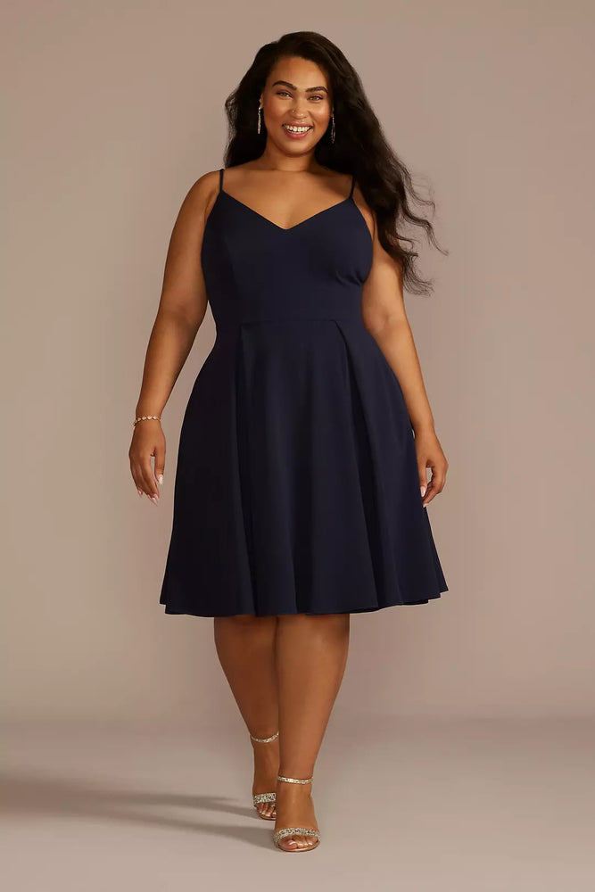 Short Stretch Crepe Spaghetti Strap A-Line Dress - Blue