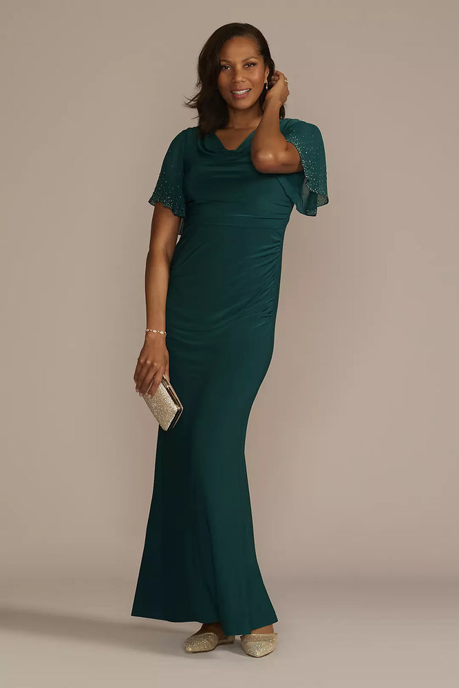 Embellished Short Sleeve Cowl Neck Jersey Sheath - Green