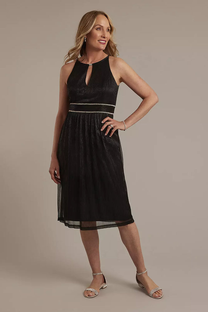 Short Metallic Sheath Dress with Keyhole Neckline - Black