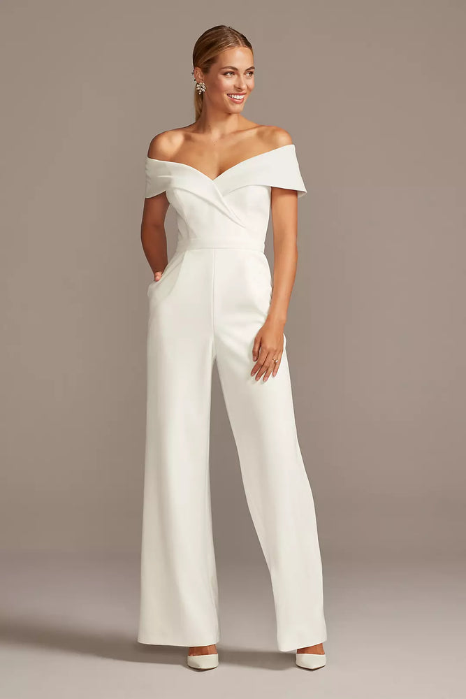 Cuffed Off-the-Shoulder Stretch Crepe Jumpsuit - Ivory