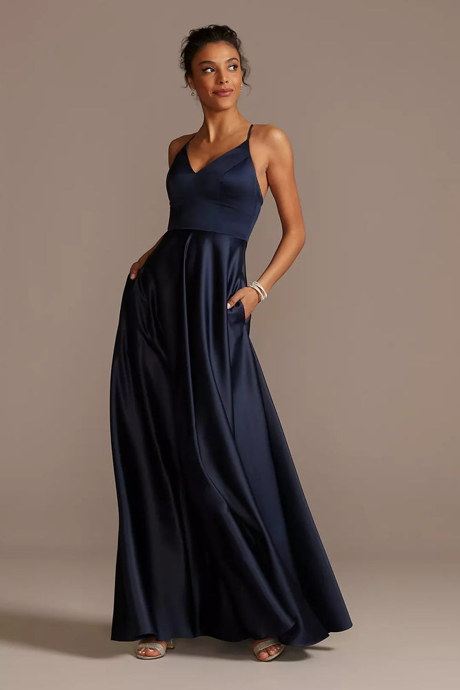 Spaghetti Strap Satin A-Line Long Dress - Blue