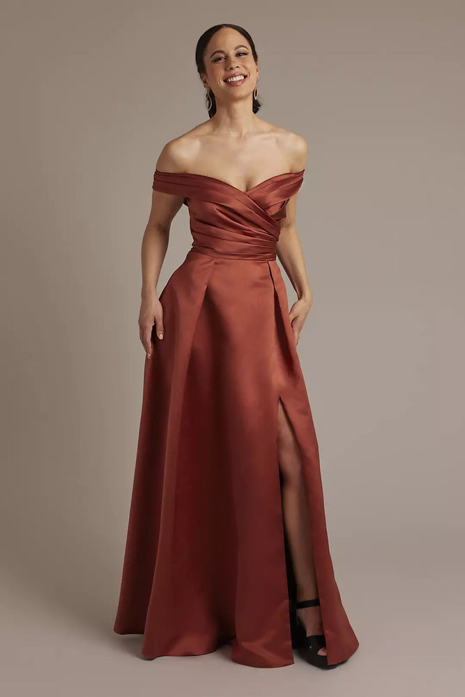 Satin Off-the-Shoulder Ball Gown Dress - Orange