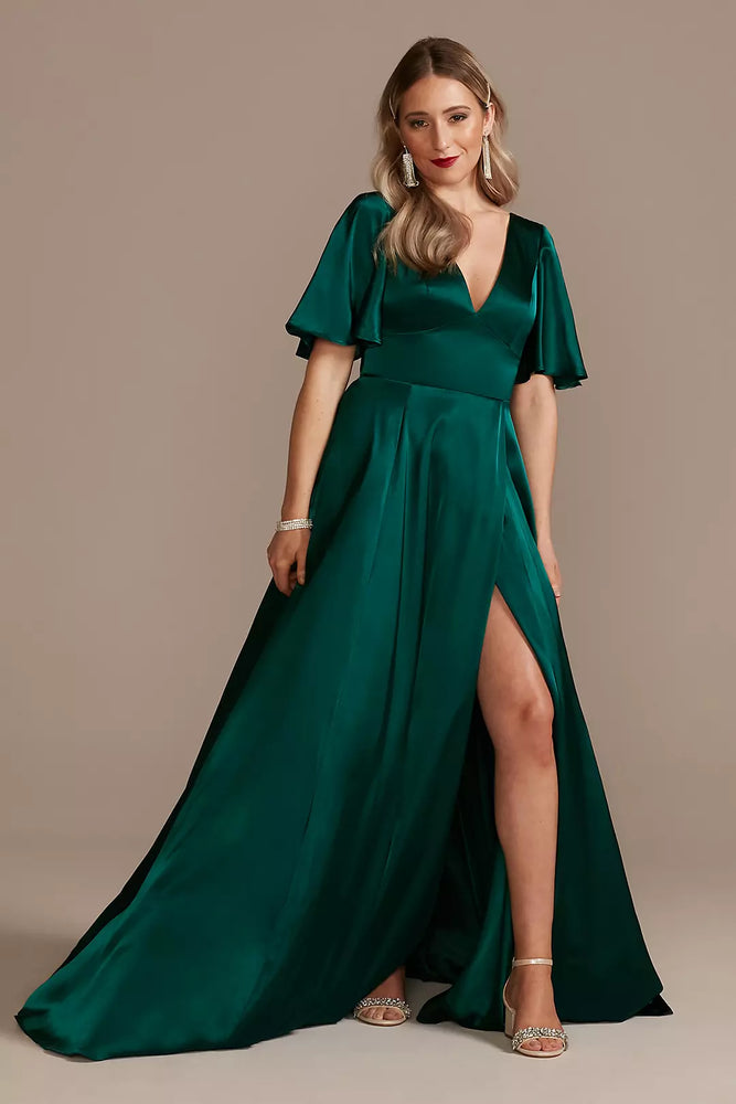 Charmeuse Flutter-Sleeve A-Line Dress - Green