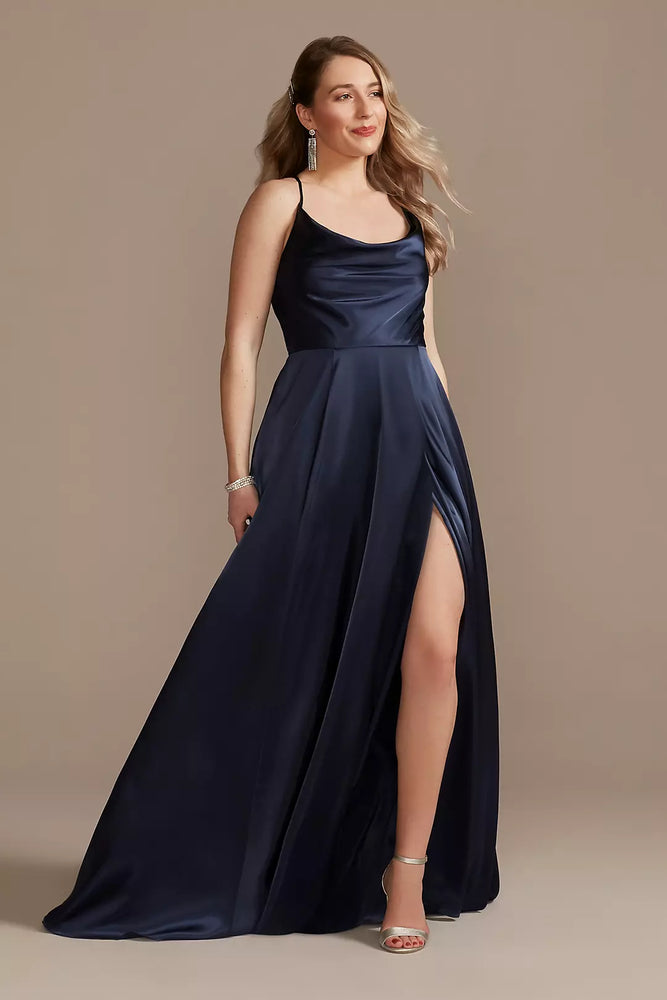 Charmeuse Cowl Dress with Lace-Up Back - Blue