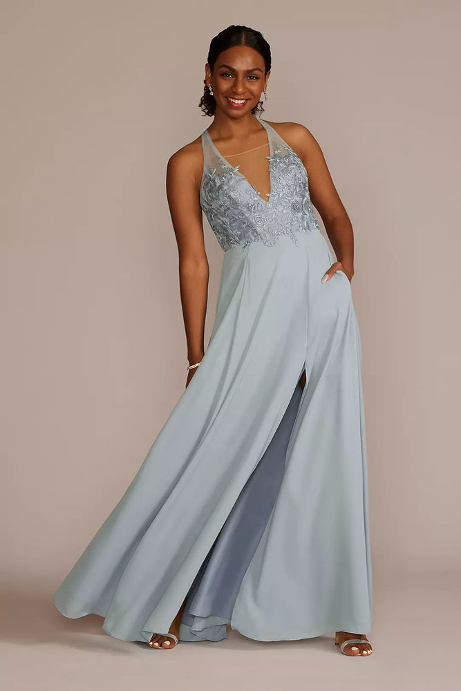 Halter Lace and Georgette Dress - Blue