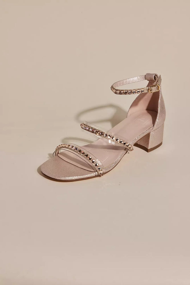 Metallic Block Heels with Rhinestone Straps - Pink