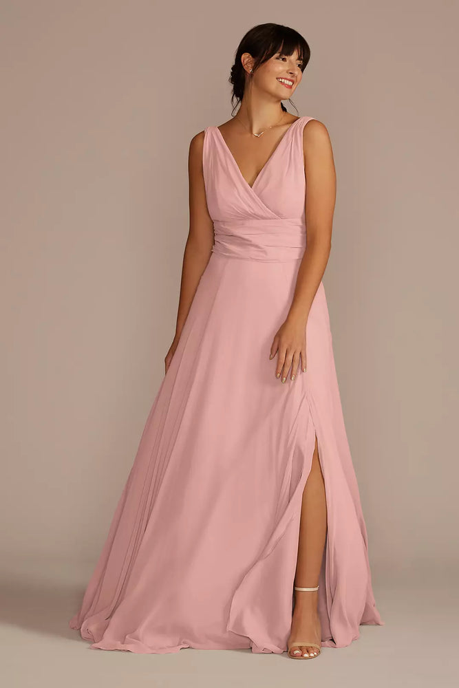 Long Chiffon Surplice Tank Dress - Pink