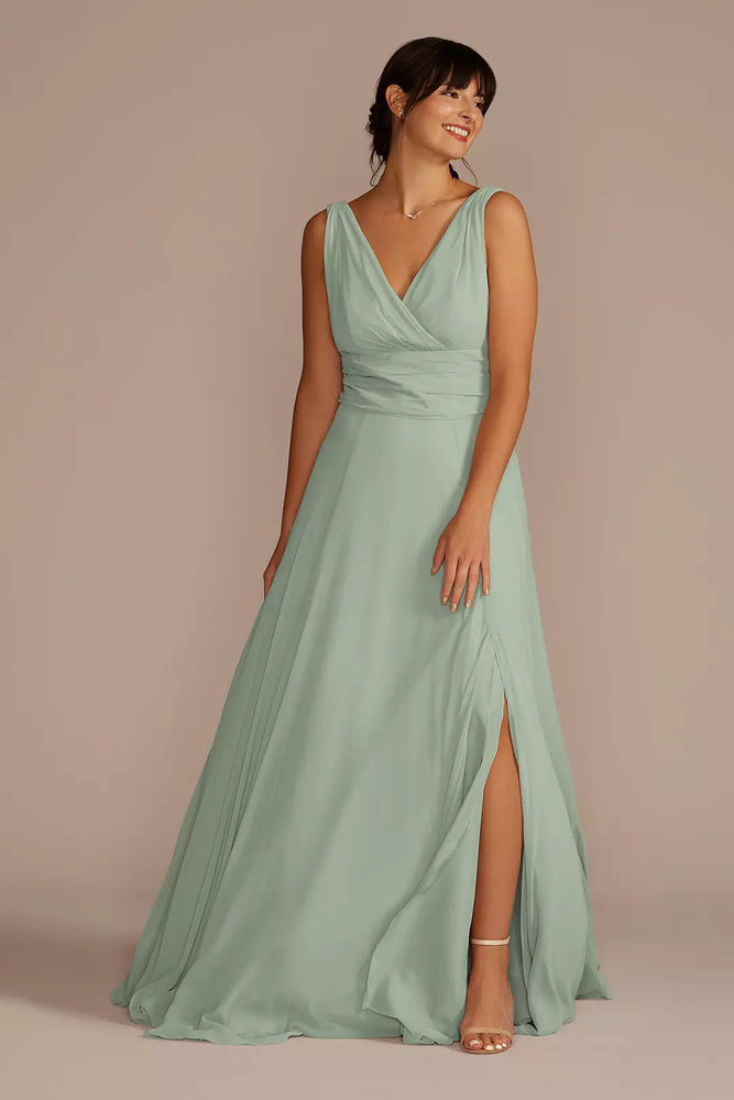 Long Chiffon Surplice Tank Dress - Green